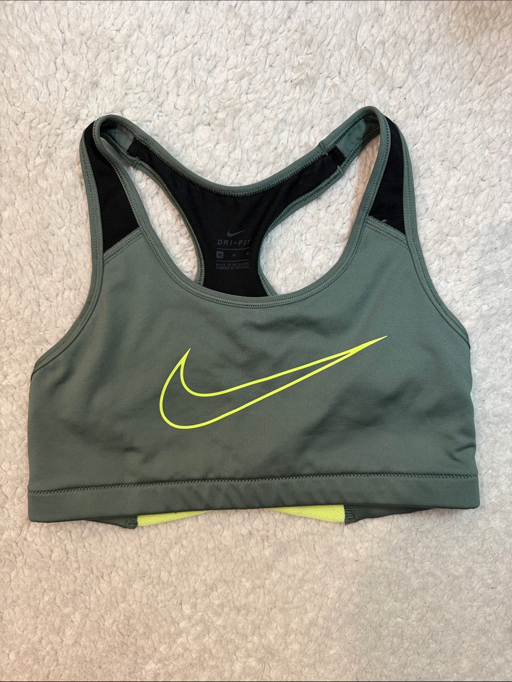 Nike Olive Green Sports Bra with Neon Yellow Swoosh
